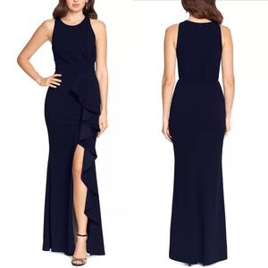 NEW BETSY & ADAM Colby NAVY Scuba CREPE Ruffle HIGH SLIT Evening Dress GOWN 4